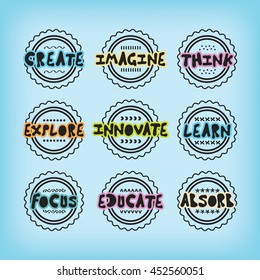 Black line stamps and labels set with some colorful wise, positive, and inspirational messages on blue background
