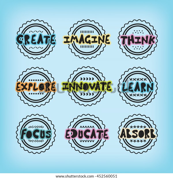 Black line\
stamps and labels set with some colorful wise, positive, and\
inspirational messages on blue\
background