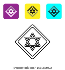 Black line Star of David icon isolated on white background. Jewish religion symbol. Symbol of Israel. Set icons colorful square buttons. Vector Illustration