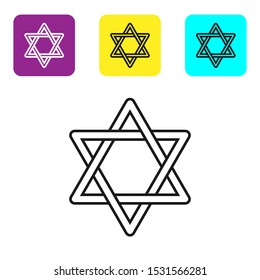 Black line Star of David icon isolated on white background. Jewish religion symbol. Symbol of Israel. Set icons colorful square buttons. Vector Illustration