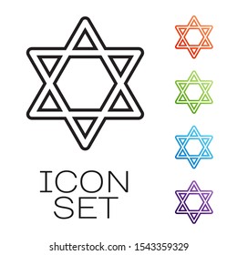 Black line Star of David icon isolated on white background. Jewish religion symbol. Symbol of Israel. Set icons colorful. Vector Illustration