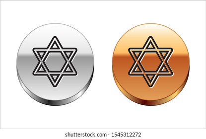 Black line Star of David icon isolated on white background. Jewish religion symbol. Symbol of Israel. Silver-gold circle button. Vector Illustration