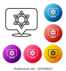 Black line Star of David icon isolated on white background. Jewish religion symbol. Symbol of Israel. Set icons colorful circle buttons. Vector
