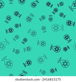 Black line Star of David icon isolated seamless pattern on green background. Jewish religion symbol. Symbol of Israel.  Vector