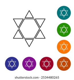 Linha preta Ícone da estrela de David isolado no fundo branco. Símbolo da religião judaica. Símbolo de Israel. Defina ícones em botões de círculo de cor. Ilustração de vetor