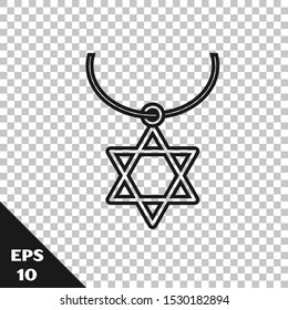 Black line Star of David necklace on chain icon isolated on transparent background. Jewish religion symbol. Symbol of Israel. Jewellery and accessory.  Vector Illustration