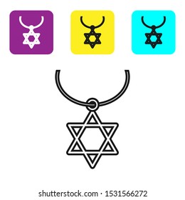 Black line Star of David necklace on chain icon isolated on white background. Jewish religion symbol. Symbol of Israel. Jewellery and accessory. Set icons colorful square buttons. Vector Illustration