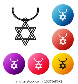 Black line Star of David necklace on chain icon isolated on white background. Jewish religion symbol. Symbol of Israel. Jewellery and accessory. Set icons colorful circle buttons. Vector Illustration