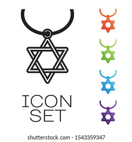 Black line Star of David necklace on chain icon isolated on white background. Jewish religion symbol. Symbol of Israel. Jewellery and accessory. Set icons colorful. Vector Illustration