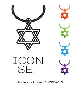 Black line Star of David necklace on chain icon isolated on white background. Jewish religion symbol. Symbol of Israel. Jewellery and accessory. Set icons colorful. Vector Illustration