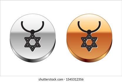 Black line Star of David necklace on chain icon isolated on white background. Jewish religion symbol. Symbol of Israel. Jewellery and accessory. Silver-gold circle button. Vector Illustration