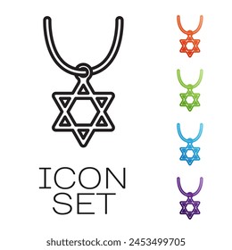 Black line Star of David necklace on chain icon isolated on white background. Jewish religion symbol. Symbol of Israel. Jewellery and accessory. Set icons colorful. Vector