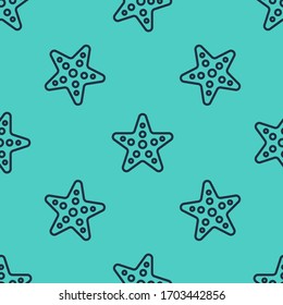 Black line Starfish icon isolated seamless pattern on green background.  Vector Illustration