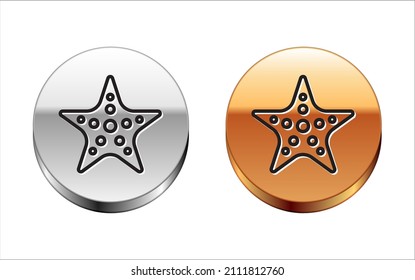 Black line Starfish icon isolated on white background. Silver-gold circle button. Vector