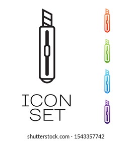 Black line Stationery knife icon isolated on white background. Office paper cutter. Set icons colorful. Vector Illustration