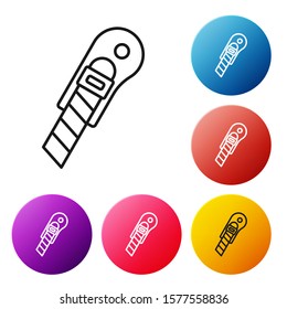 Black line Stationery knife icon isolated on white background. Office paper cutter. Set icons colorful circle buttons. Vector Illustration