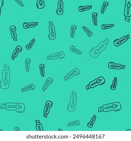 Black line Stationery knife icon isolated seamless pattern on green background. Office paper cutter.  Vector
