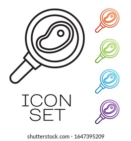 Black line Steak meat in frying pan icon isolated on white background. Set icons colorful. Vector Illustration
