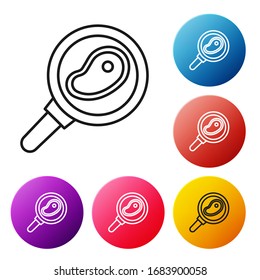 Black line Steak meat in frying pan icon isolated on white background. Set icons colorful circle buttons. Vector Illustration