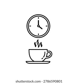 Black line of a steaming cup of coffee placed below a round wall clock on white background