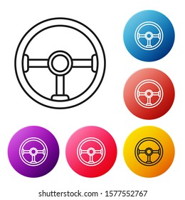 Black line Steering wheel icon isolated on white background. Car wheel icon. Set icons colorful circle buttons. Vector Illustration