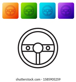 Black line Steering wheel icon isolated on white background. Car wheel icon. Set icons in color square buttons. Vector Illustration