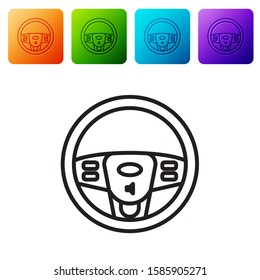 Black line Steering wheel icon isolated on white background. Car wheel icon. Set icons in color square buttons. Vector Illustration