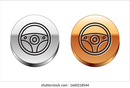 Black line Steering wheel icon isolated on white background. Car wheel icon. Silver-gold circle button. Vector Illustration