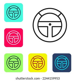 Icono de la rueda de dirección de línea negra aislado en fondo blanco. Icono de rueda del coche. Establezca iconos en los botones cuadrados de color. Ilustración vectorial