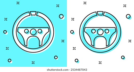 Linha preta Ícone do volante isolado no fundo verde e branco. Ícone da roda do carro. Formas dinâmicas aleatórias. Ilustração de vetor