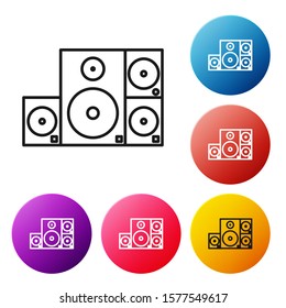 Black line Stereo speaker icon isolated on white background. Sound system speakers. Music icon. Musical column speaker bass equipment. Set icons colorful circle buttons. Vector Illustration
