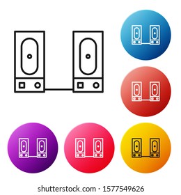 Black line Stereo speaker icon isolated on white background. Sound system speakers. Music icon. Musical column speaker bass equipment. Set icons colorful circle buttons. Vector Illustration