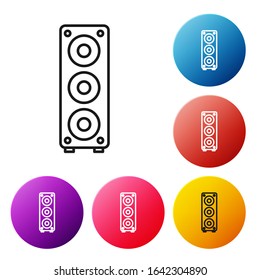 Black line Stereo speaker icon isolated on white background. Sound system speakers. Music icon. Musical column speaker bass equipment. Set icons colorful circle buttons. Vector Illustration