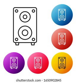 Black line Stereo speaker icon isolated on white background. Sound system speakers. Music icon. Musical column speaker bass equipment. Set icons colorful circle buttons. Vector Illustration