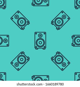 Black line Stereo speaker icon isolated seamless pattern on green background. Sound system speakers. Music icon. Musical column speaker bass equipment.  Vector Illustration