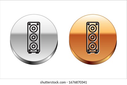 Black line Stereo speaker icon isolated on white background. Sound system speakers. Music icon. Musical column speaker bass equipment. Silver-gold circle button. Vector Illustration
