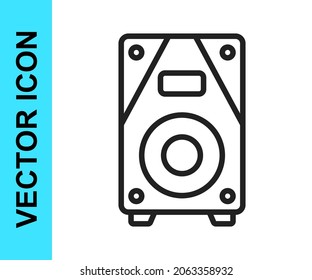 Schwarze Linie Stereo-Lautsprecher Symbol einzeln auf weißem Hintergrund. Lautsprecher des Soundsystems. Musiksymbol. Bassausrüstung für Musikalspulenlautsprecher.  Vektorgrafik