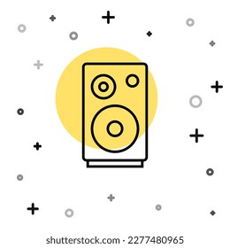 Icono de altavoz estéreo de línea negra aislado en fondo blanco. Altavoces del sistema de sonido. Icono de música. Equipo de bajos de altavoces de columna musical. Formas dinámicas aleatorias. Vector