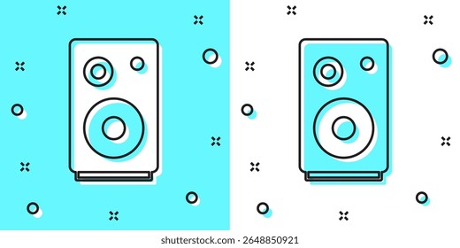 Linha preta Ícone de alto-falante estéreo isolado no fundo verde e branco. Alto-falantes do sistema de som. Ícone Música. Equipamento de baixo de coluna musical. Formas dinâmicas aleatórias. Vetor