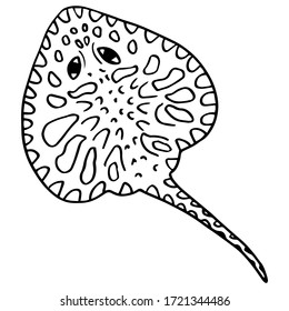 Black line stingray on white isolated backdrop. Sea creature for invitation and gift card, tattoo parlor or pet shop logo, bath tile. Phone case or cloth print. Doodle style stock vector illustration