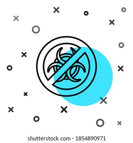 Línea negra Icono Stop GMO aislado en fondo blanco. Acrónimo de organismo modificado genéticamente. Modificación del alimento del adn. Formas dinámicas aleatorias. Vector