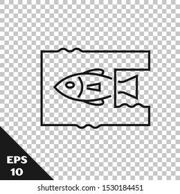 Black line Stop ocean plastic pollution icon isolated on transparent background. Environment protection concept. Fish say no to plastic.  Vector Illustration