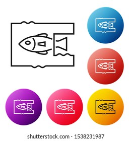Black line Stop ocean plastic pollution icon isolated on white background. Environment protection concept. Fish say no to plastic. Set icons colorful circle buttons. Vector Illustration