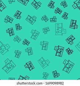 Black line Stop plastic pollution icon isolated seamless pattern on green background. Ecological poster. Vector Illustration