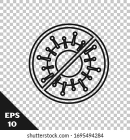 Icono de parada de línea negra aislado en fondo transparente. Virus Corona 2019-nCoV. Bacterias y gérmenes, cáncer celular, microbio, hongos. Ilustración vectorial