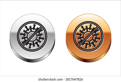 Icono de parada de línea negra aislado en fondo blanco. Virus Corona 2019-nCoV. Bacterias y gérmenes, cáncer celular, microbio, hongos. Botón de círculo dorado plateado. Ilustración vectorial