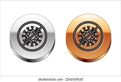 Black line Stop virus icon isolated on white background. Corona virus 2019-nCoV. Bacteria and germs, cell cancer, microbe, fungi. Silver-gold circle button. Vector Illustration
