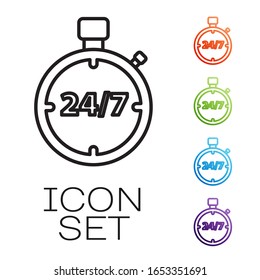 Black line Stopwatch 24 hours icon isolated on white background. All day cyclic icon. 24 hours service symbol. Set icons colorful. Vector Illustration