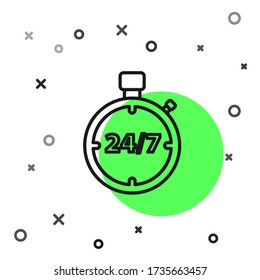 Black line Stopwatch 24 hours icon isolated on white background. All day cyclic icon. 24 hours service symbol.  Vector Illustration