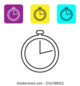 Black line Stopwatch icon isolated on white background. Time timer sign. Set icons colorful square buttons. Vector Illustration